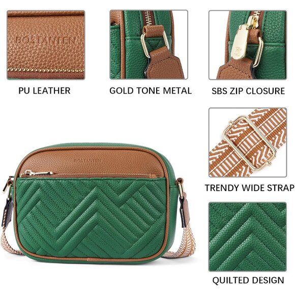 Bostanten Women Green PU leather Small Quilted Crossbody Bags With Wide Strap - Picture 3 of 5